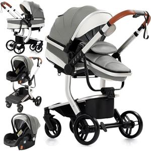 MoLi Pelle PU Passeggino Trio, Passeggino 3 in 1 con Doppia Modalità Push Reversibile, Trio Passeggino Neonati con Grande Navicella, Carrozzina per Neonati in Alluminio Pieghevole (518 Grey)