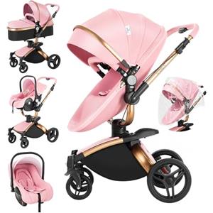 MoLi Pelle PU Passeggino Trio, Passeggino 3 in 1 con Sedile Convertibile 360°, Trio Passeggino Neonati con Grande Navicella, Carrozzina per Neonati in Alluminio Pieghevole Alta Paesaggio (906 Pink)