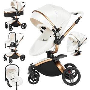 MoLi Pelle PU Passeggino Trio, Passeggino 3 in 1 con Sedile Convertibile 360°, Trio Passeggino Neonati con Grande Navicella, Carrozzina per Neonati in Alluminio Pieghevole Alta Paesaggio (906 White)