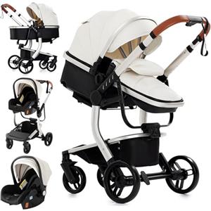 MoLi Pelle PU Passeggino Trio, Passeggino 3 in 1 con Doppia Modalità Push Reversibile, Trio Passeggino Neonati con Grande Navicella, Carrozzina per Neonati in Alluminio Pieghevole (518 White)