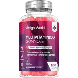 WeightWorld Multivitaminico Completo Vegetariano con 13 Vitamine e Minerali, 120 Caramelle Gommose alla Fragola (2 Mesi), Integratore Multivitaminico Donna e Uomo con Vitamina C, D3, Gruppo B, E, A, Zinco, Iodio