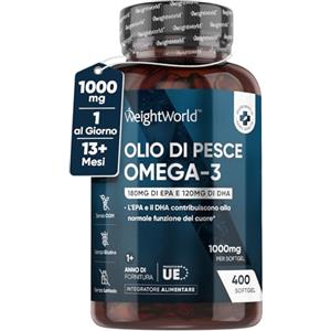 WeightWorld Omega 3 Olio di Pesce, 400 Softgel, (Fornitura 1+ Anno), Senza Retrogusto, EPA & DHA, Cuore, Vista, Funzione Cerebrale, Omega3 Fonte di Acidi Grassi Essenziali, Fish Oil 1000mg, Assorbimento Rapido