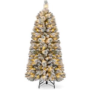 COSTWAY Albero di Natale Innevato 150/180/210 cm, Albero di Natale Pop-Up con 130/170/200 Luci LED, Aghi di Pino, 378/517/680 Punte di Rami, Sezione Pieghevole e Supporto in Metallo (150 CM)