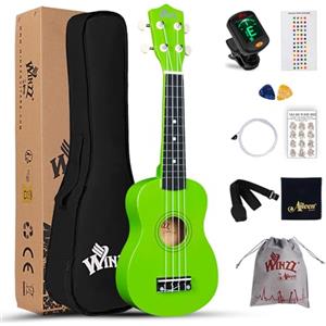 Winzz Ukulele soprano Starter Kit per principianti con borsa, accordatore a clip, corde extra, cinghia, plettri, adesivi per tasti, scheda accordi, panno per lucidatura, verde chiaro