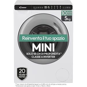 CANDY MINIAQUA CW50-BP12307G-S, LAVATRICE A CARICA FRONTALE, 5 KG, 1200 GIRI, Programmi rapidi, Antipiega, Partenza ritardata, Grigio/Bianco, 70x51x45 [Classe di efficienza energetica A]