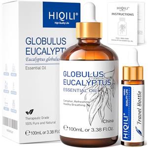 HIQILI Olio Essenziale Eucalipto 100ml, 100% Naturale, Olio Aromaterapico per Viso, Candele, Diffusore, Pelle e Capelli - 3.38 Fl Oz