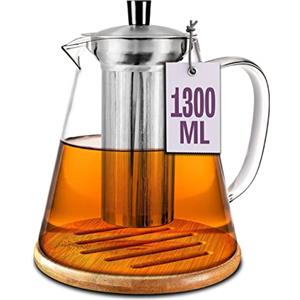 Cosumy Teiera con Infusore in Vetro Borosilicato da 1,3L Grande - Con Sottobicchiere in Bambù - Lavabile in Lavastoviglie