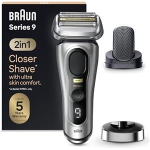 Braun Series 9 PRO +, Rasoio Elettrico Barba Rifinitore di precisione, Custodia da Viaggio in tessuto, Batteria Litio Ion, 100% Impermeabile Idea Regalo, 9557s Argento