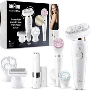 Braun Silk-épil 9 Flex Depilatore Donna, Epilatore Elettrico Donna con Testina Flessibile, Tecnologia MicroGrip, Cappuccio Massaggiante, Idea Regalo, 9105, Bianco e Oro