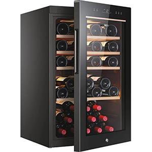 Haier Wine Bank 50 Serie 5 Cantinetta Vino, 49 Bottiglie, 1 Zona, Vetro Anti-UV, LED 3D, Ripiani in Legno, Controllo tramite App, Libera Installazione, Classe F, 49,7 x 58,5 x 82 cm, Nera - HWS49GA