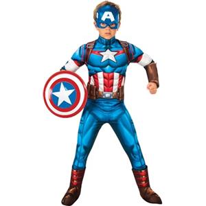 Rubie's Rubies Costume Capitan America Deluxe per ragazzi e ragazze, Jumpsuit con petto musculoso e copristivali, 1/2 maschera, Ufficiale Marvel per Carnevale, Natale, Compleanno, Festa e Halloween