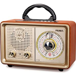 PRUNUS J-110 Radio Portatile Vintage FM AM(MW) SW, Radiolina Classico Legno con Manopola di Regolazione Extra Large, Altoparlante Bluetooth Retro, Supporta TF/AUX/USB MP3 Player (Oro)