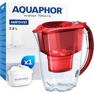 AQUAPHOR Amethyst Caraffa Filtrante per Acqua con 1 Cartucce MAXFOR+ 200L - 2,8L - Rosso