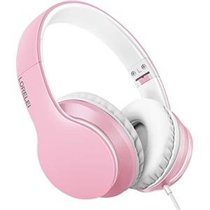 LORELEI X6 - Cuffie over-ear con microfono, leggere, pieghevoli e portatili, con bassi stereo e cavo da 1,45 m, senza groviglio, cuffie cablate per smartphone, tablet MP3/4 (rosa perlato)