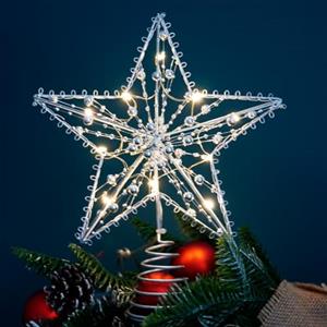 Meleager Puntale Stella per Albero di Natale Argento,Decoration Christmas Tree Topper Glitterata Star,Christmas Tree LED Stella per Albero Top Star Puntale Argento per Natale Festival Party（20 * 25CM）