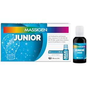 Massigen - Tonico Junior, Integratore Energetico Gusto Fragola, Ferro e Vitamine B, Favorisce il Benessere Generale, 10 Flaconcini da 25 ml, Senza Glutine, Maxi Formato