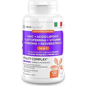 ViborDesign Vibor Vitality Complex 120 Cps Integratore 3 in 1 Con NAC N-Acetil-Cisteina, 16 Ingredienti, Difese Immunitarie Adulti, Fermenti Lattici Probiotici, Lattoferrina,Vitamina C B1 B2 B6,Acido Alfa Lipoico
