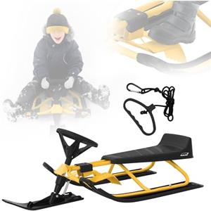 ECD Germany Slitta con Volante e Freno in Acciaio Giallo per Bambini a Partire da 5 anni Bob da Neve con Sedile e Schienale Slittino da Corsa Skibob per Adulti fino a 90 kg con Corda di Trazione