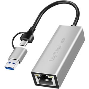 LogiLink Adattatore USB 3.1, USB-C e USB-A a 2.5G Gigabit Ethernet, Argento, fino a 2500 Mbps, Compatibile con Thunderbolt 3/4
