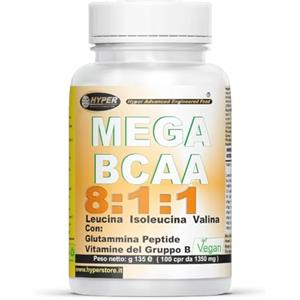 Hyper Aminoacidi Ramificati MEGA BCAA 8:1:1 - con glutammina Peptide e Vitamine del gruppo B 100 Compresse