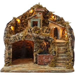 Mondo in Casa Presepe Completo Illuminato Natalizio con capanna e Grotta per statuine Artigianali, con Cascata Completa di motorino.