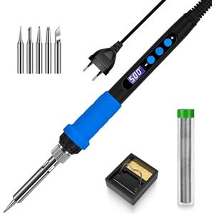 RISEMART Set saldatore con display LCD, display LED da 100 W, temperatura regolabile, saldatore con modalità sleep automatica, pistola per saldatura con 5 punte di saldatura, stagno, supporto, strumento per