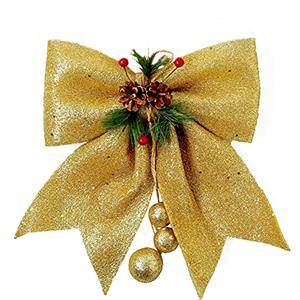 QUUPY 1 fiocco decorativo natalizio, fiocco natalizio glitterato grande con pigne, puntale per albero di Natale, decorazione per ghirlanda 25 x 30 cm (oro)