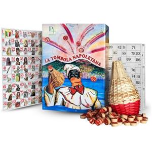 PALUPLUS Tombola Tradizionale Napoletana con 48 Cartelle e Tabellone con Smorfia, Cestello in Vimini e 90 Numeri in Legno, Gioco per Famiglia per Natale e Capodanno -6751F