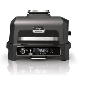 Ninja Woodfire Barbecue Elettrico XL, Griglia Friggitrice ad Aria e Affumicatore 4 in 1 da Esterno, con Termometro a Sonda Digitale, Sistema di Cottura Intelligente Smart Cook, Grigio/Nero, OG850EU