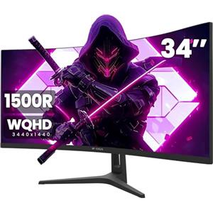 CRUA 34 Pollici Curved UltraWide Gaming Monitor WQHD 3440x1440 165 Hz, 1 ms VRB Altezza Regolabile FreeSync Premium, Curvatura 1500R, DP 1.4 e HDMI Design Senza Bordo per Esperienza di Gioco Immersiva