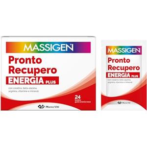 Massigen - Pronto Recupero Energia Plus, Integratore Tonico Energetico con Creatina, Arginina, Beta-Alanina, Vitamine e Minerali, 24 Bustine da 8 g, Gusto Arancia Rossa