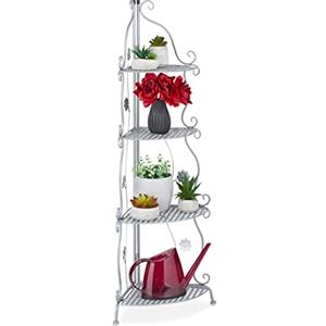 Relaxdays Scaffale Portafiori in Metallo, Fioriera ad Angolo con 4 Mensole Porta Piante, HLP 113,5 x 31 x 31 cm, Argento