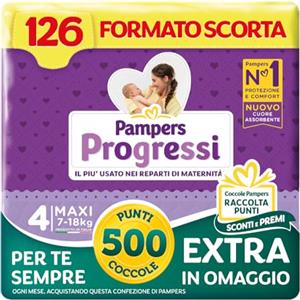 Pampers Progressi Maxi +500 Punti Coccole extra in omaggio, Taglia 4 (7-18 kg), 126 Pannolini (formato scorta)