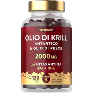 Horbäach Olio di Krill Puro Antartico 2000mg con Astaxantina e Fosfolipidi | 120 Perle per 2 Mesi | Acidi Grassi Omega 3 con 340 mg di EPA e DHA | Integratore Olio di Pesce | by Horbaach