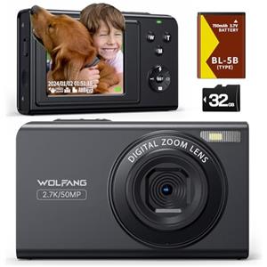 WOLFANG Fotocamera digitale, fotocamera per bambini da 2,7K, fotocamera compatta da 50MP, videocamera con zoom digitale 16x, zoom e scatto automatico, regalo per ragazzi