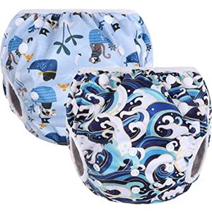 Vicloon Pannolino da Nuoto, 2PCS Pannolini Lavabili Pannolini da Nuoto, Costume Piscina Regolabile Riutilizzabile Costumi per Bambini, Impermeabile Pannolino Piscina, Nave Pirata e Onde, 0-3 Anni