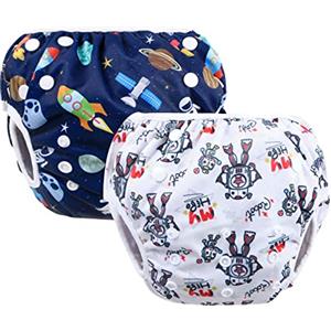 Vicloon Pannolino da Nuoto, 2 Pannolini Lavabili Pannolini da Nuoto, Costume Piscina Regolabile Riutilizzabile Costumi per Bambini, Impermeabile Pannolino Piscina, Cosmico Blu e Robot Bianco, 0-3 Anni