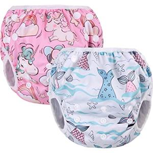 Vicloon Pannolino da Nuoto, 2 Pezzi Pannolini Lavabili Pannolini da Nuoto, Costume Piscina Regolabile Riutilizzabile Costumi per Bambini 0-3 Anni, Unicorno Rosa e Coda di Sirena Blu