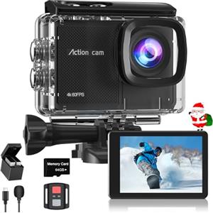 Camlance Action Cam 4K60FPS con Scheda Da 64GB, 131FT Fotocamera Subacquea con 8X Zoom,48MP HD WIFI Videocamera 170° Telecamera EIS,Telecomando 2x1350mAh Batterie