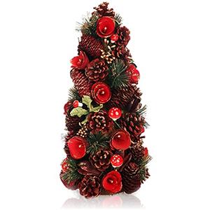 com-four® Albero di Natale Decorativo - Piccolo Albero di Natale con Addobbi - Decorazione da Tavola per Natale e Avvento, Completa Ghirlande e Corone (Fiore Rosso dell'albero)