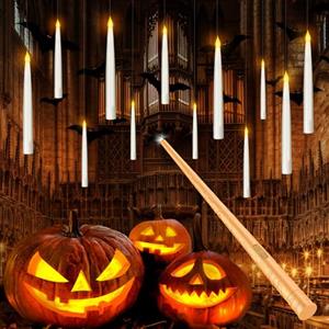 Tyreses Candele LED Senza Fiamma, 10 Floating Candles Sospese con Telecomando a Bacchetta Magica, Luce Calda Lampeggiante fiamma Candela Fluttuanti Elettriche Conica per Decorazione Halloween Natale