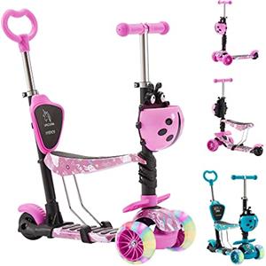 Arebos City Scooter Kick Scooter Rosa Scooter con manubrio e sedile regolabili in altezza | ruote a LED-XXL | freno a pedale | per bambini | monopattino a pedali | monopattino a pedali