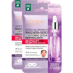 L'Oréal Paris Revitalift Filler Maschera Siero Contorno Occhi Rinfrescante in Tessuto a Effetto Ghiaccio con Acido Ialuronico e Caffeina Anti Età Idratante Riduce Borse e Occhiaie - 2 Maschere Monouso