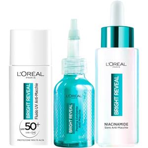 L'Oréal Paris Bright Reveal Kit Anti-Macchie con Fluido UV SPF 50+ Protezione Molto Alta 50ml + Peeling Esfoliante 25ml + Siero Viso Niacinamide 30ml - Set da 3