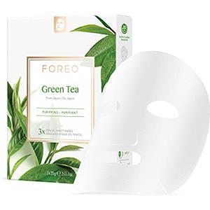 FOREO Green Tea, maschera in tessuto per imperfezioni, 2 mod. di applicazione, confezione da 3, antiossidante, idratante, tè verde ed estratto di Ulmus, naturale e cruelty free, per dispositivi UFO