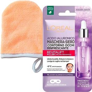 L'Oréal Paris Revitalift Filler Maschera Siero in Tessuto Monouso Azione Rinfrescante per Contorno Occhi Idratante con Acido Ialuronico e Caffeina + Guanto Struccante in Microfibra