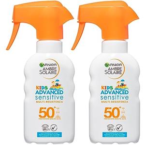 Garnier Ambre Solaire Kids Spray Solare Protezione Molto Alta SPF 50+ Advanced Sensitive Ipoallergenico per Bambini Viso e Corpo - 2 Flaconi da 200ml