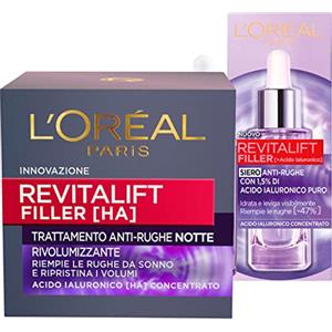 L'Oréal Paris Siero Viso Revitalift Filler Azione Rimpolpante + Revitalift Filler Crema Trattamento Viso Notte Anti-Rughe Rivolumizzante - 2 Trattamenti con Acido Ialuronico