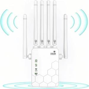 ANDHOT Ripetitore WiFi, Estensore WiFi, amplificatore di segnale WiFi 1200Mps, WiFi Booster dual band 5GHz e 2.4GHz, modalità ripetitore/router/AP, 4 antenne, 2 porte LAN, adatto per uso domestico/ufficio