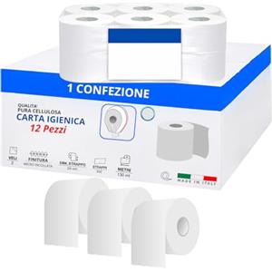 OWIJI Carta Igienica Mini Jumbo 2 Veli Pura Cellulosa 12 Rotoli 574 Fogli Rotolo Lunghezza 130 mt Inodore Morbida Resistente Bagni Casa Ufficio